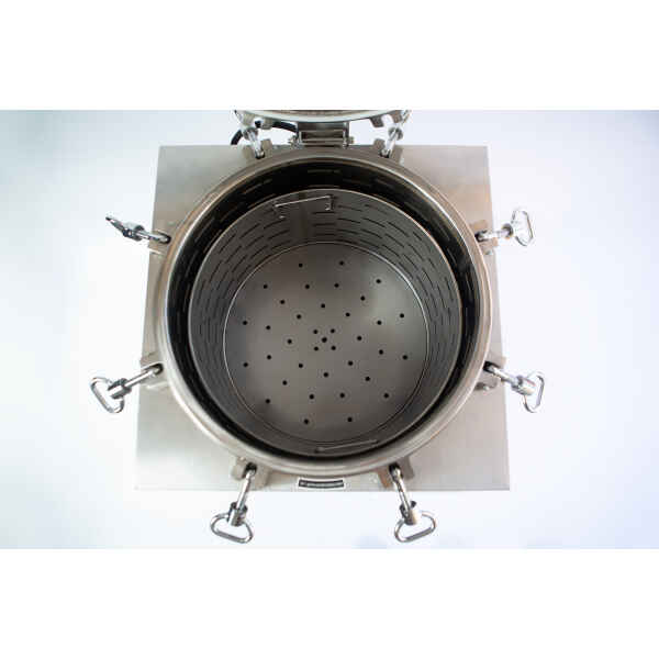 Top view of an open stainless steel industrial container with a perforated plate inside.