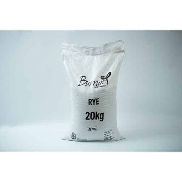 A white 20kg sack labelled Certified Organic Biodynamic Rye berry grain stands upright on a light background, filled with premium rye berries.