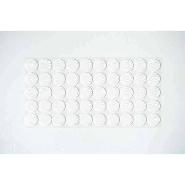 A sheet of small, round, white adhesive stickers arranged in a grid pattern on a white background.