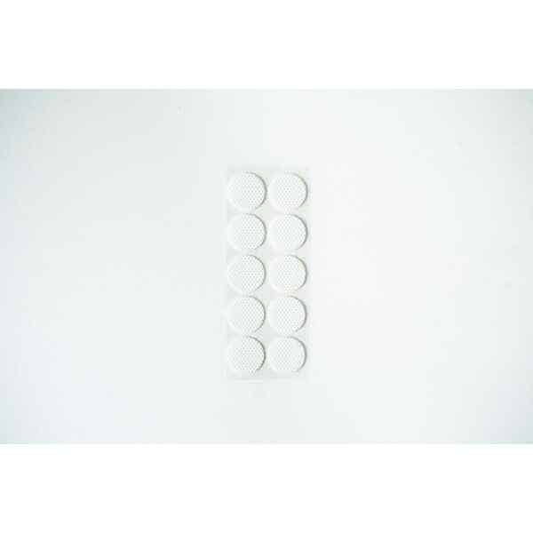 A blister pack containing ten round, white tablets on a plain white background.