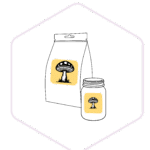 A jar and bag, both labelled with a mushroom icon, inside a hexagon outline—perfect for representing Mushroom Supplies Australia or quality mushroom farming supplies.
