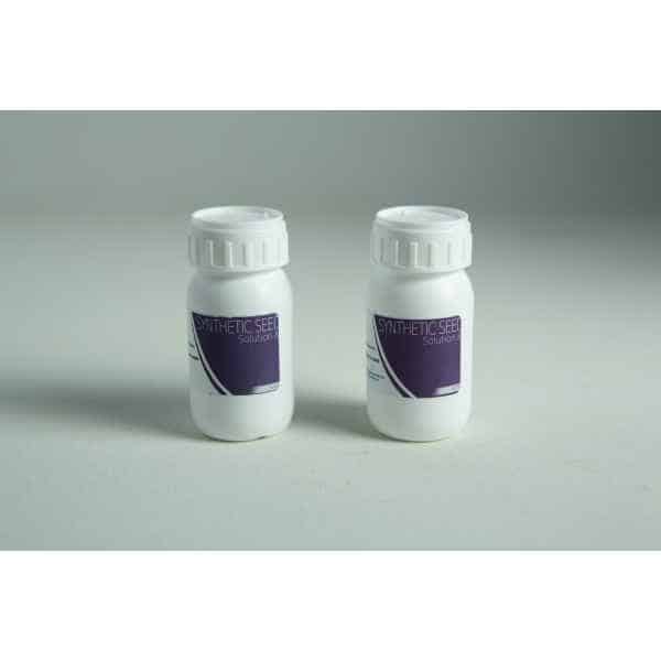 Two white bottles labelled Solution A and Solution B from the Plantcell Synthetic Seed Starter Kit are displayed on a light background.