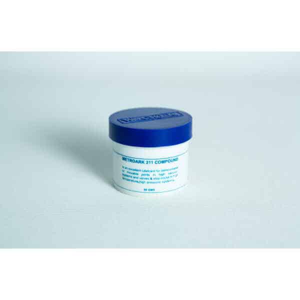 White jar with blue lid labelled "Silicone Grease Lubricant High Temp Vacuum – Metroark," used as a lubricant for mechanical parts.