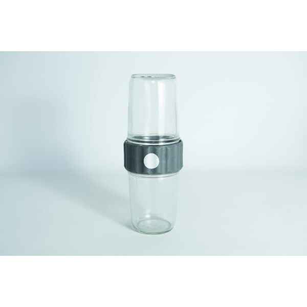 Two clear Plant Cell Biocoupler™ Glass Set cups (16oz, 12oz) are stacked with a black and white band around the middle, shown against a white background.