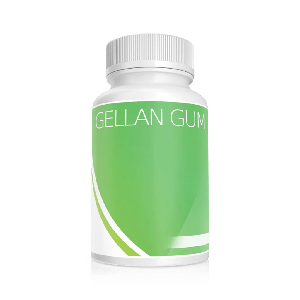 A white bottle with a green label that reads "Plant Cell Gellan Gum" on a plain light background.