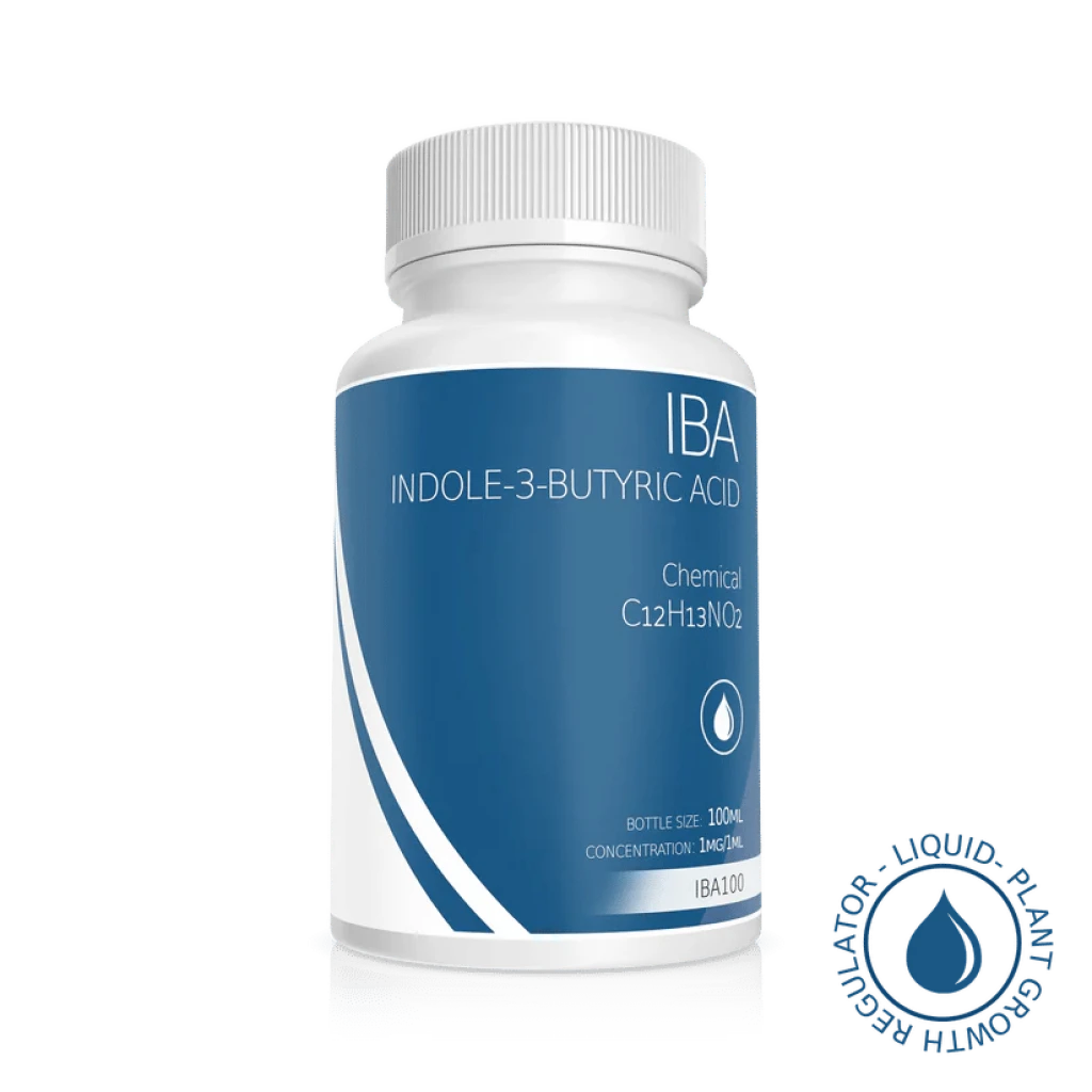A white and blue bottle labelled Plant Cell Indole-3-Butyric Acid (IBA) Solution, 100ml, 1mg/1ml, featuring a plant growth regulator symbol.