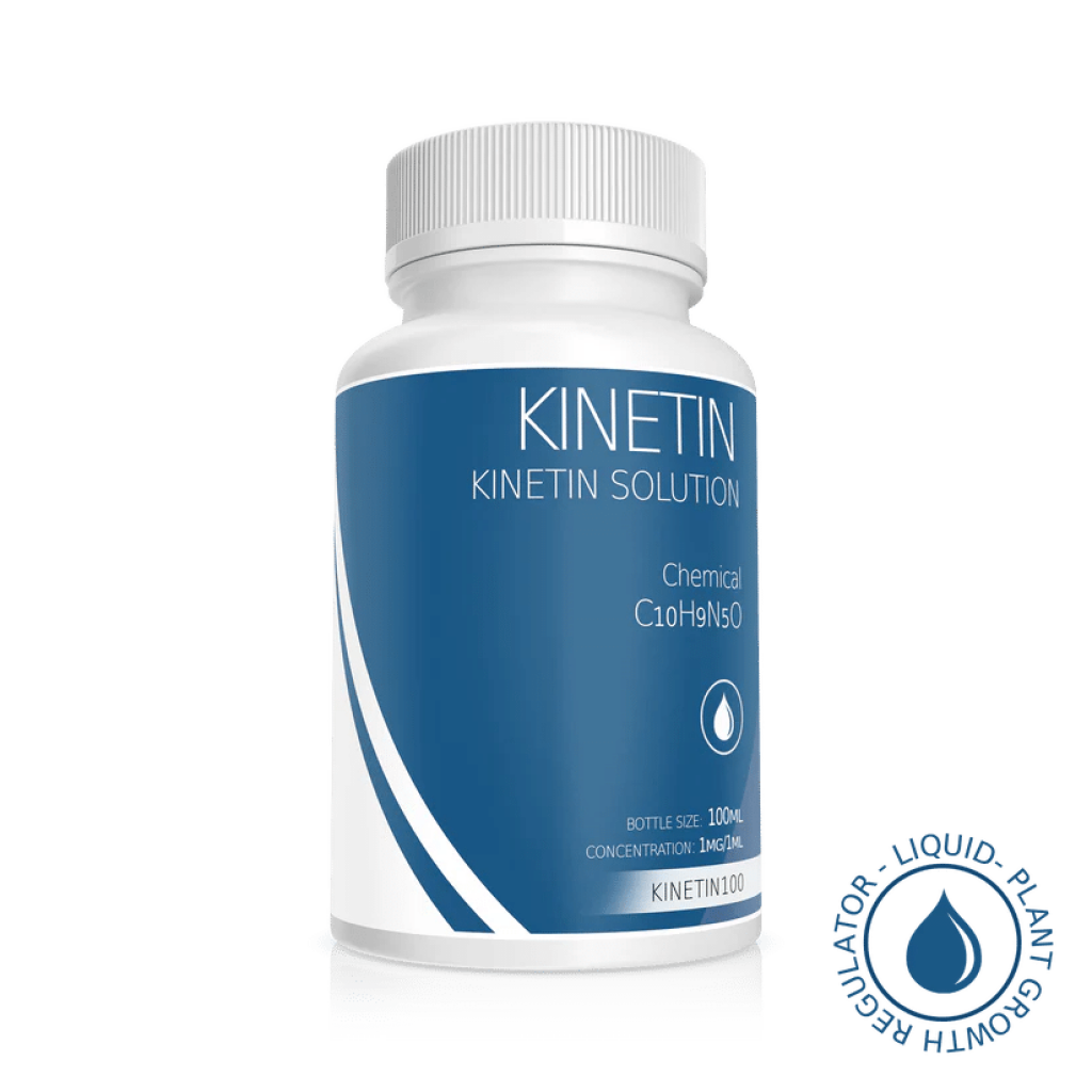 White bottle labelled "Plant Cell Kinetin Solution | 100ml | 1mg/1ml" with blue accents, used as a liquid plant growth regulator.