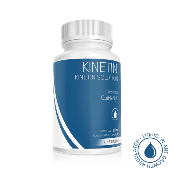 White bottle labelled "Plant Cell Kinetin Solution | 100ml | 1mg/1ml" with blue accents, used as a liquid plant growth regulator.