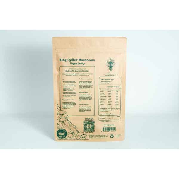 Back of a brown package labelled Shiitake Mushroom Floss | Vegan, featuring nutritional info and cooking tips.