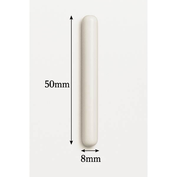 A set of five white Magnetic Stirrer Bars, each cylindrical and measuring 8mm x 50mm, shown with labelled double-headed arrows.