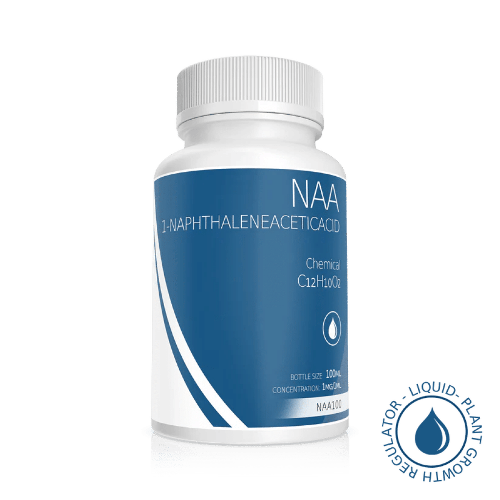 White bottle labelled Plant Cell Naphthaleneacetic Acid (NAA) Solution 100ml 1mg/1ml with blue accents and a growth regulator symbol.