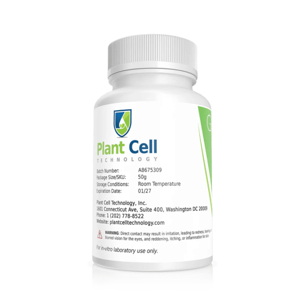 White bottle labelled Plant Cell Gellan Gum with contact details and a warning: for in-vitro laboratory use only.