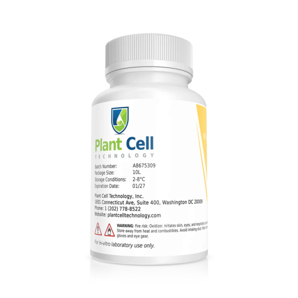 White bottle labelled "Plant Cell Orchid Maintenance Medium" with product details and a "for laboratory use only" warning.