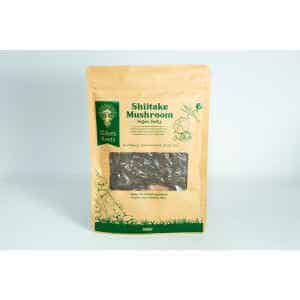 A brown bag of Elders Roots Shiitake Mushroom Floss | Vegan with a clear window and green text on the front.