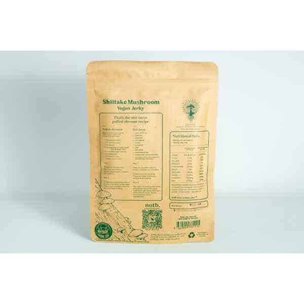 A brown parcel of Shiitake Mushroom Floss | Vegan featuring ingredients and nutrition facts printed in green.