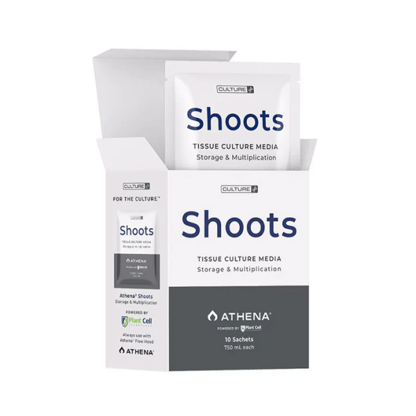 A white box labelled Plant Cell | Athena | Shoots™ Tissue Culture Media Box of 10, containing sachets for plant culture.