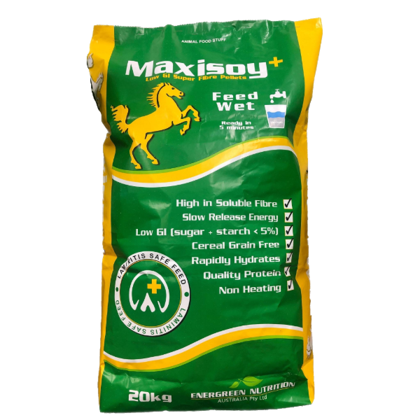 A 20kg Maxisoy Soya Hull Pellets Feed Wet bag for horses in yellow and green, featuring a horse graphic and product details.