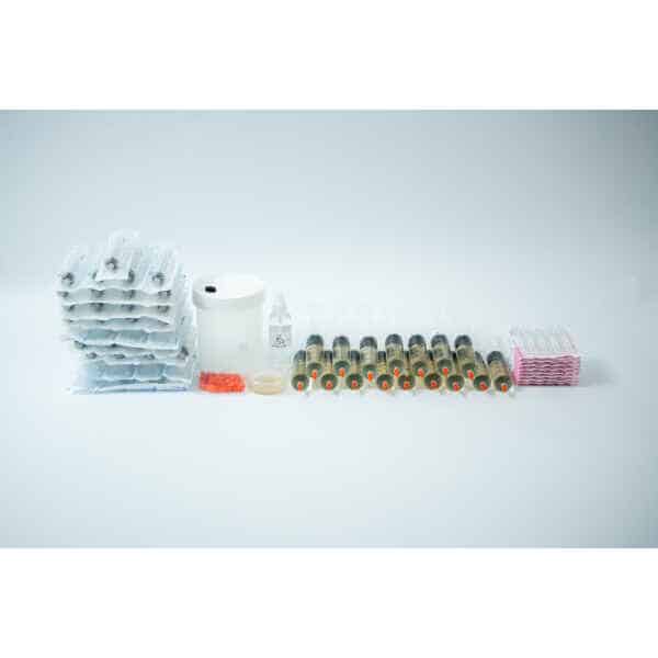 The Liquid culture to Liquid culture expansion Kit is displayed on a white background with syringes, blister packs, a bottle, and a container.