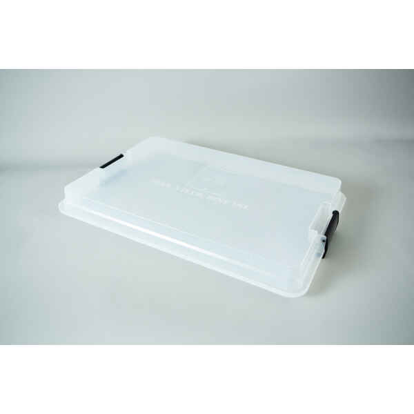 Clear plastic colonisation lid with black handles, ideal for a monotub kit or growing mushrooms, lying on a white surface.