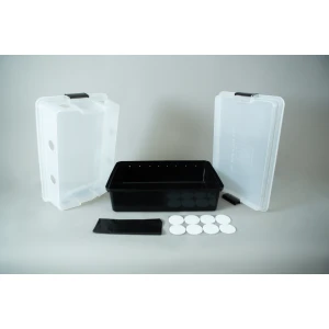 Plastic mushroom growing kit with a black tray, Colonisation Lid, two clear lids, filter discs, and a black filter patch—ideal for growing mushrooms at home.