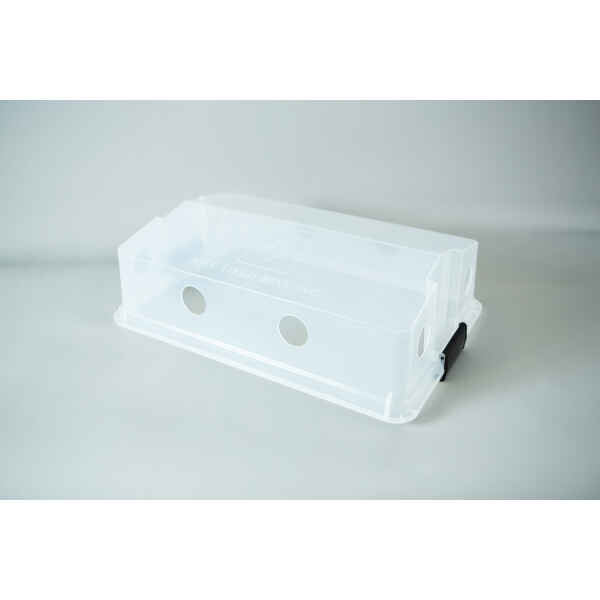 Clear plastic box with circular holes and a black handle, perfect as a monotub kit for growing mushrooms, on a plain white background.