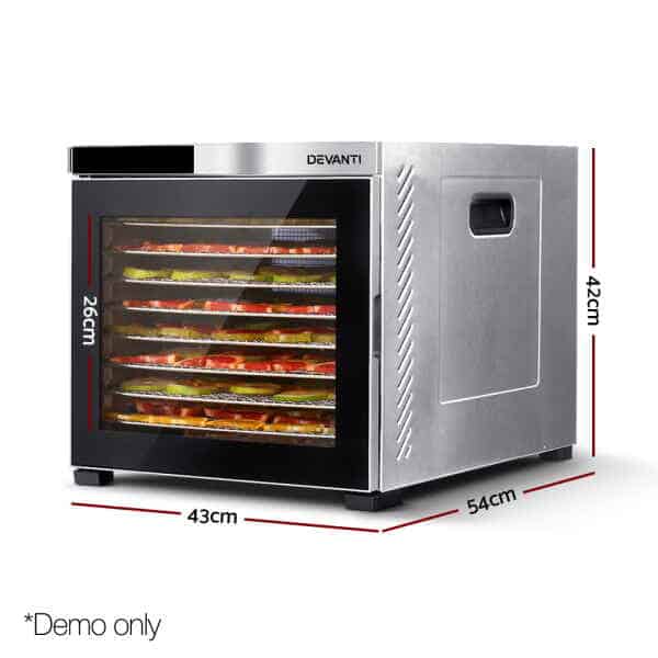 The Devanti 10 Trays Food Dehydrator Stainless Steel features a glass door, 10 trays, and measures 43x54x42 cm.