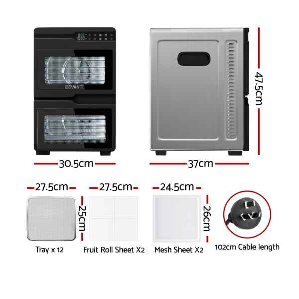 The Devanti 12 Trays Food Dehydrator Dual-Zone Stainless Steel, in black and silver, includes 12 stainless steel trays, sheets, and features labelled dimensions and cable length.