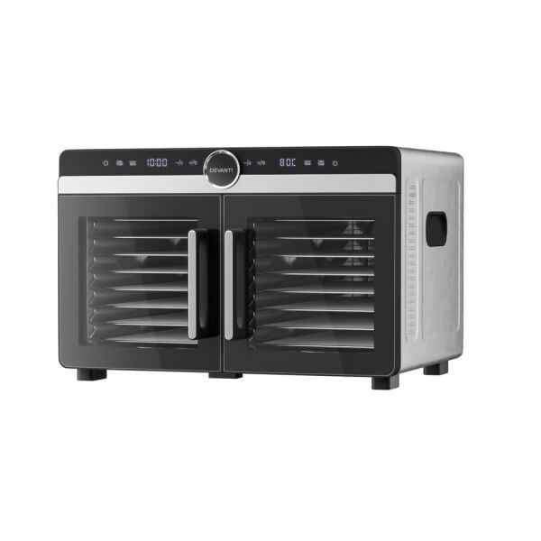 The Devanti 16 Trays Food Dehydrator Dual-Zone Stainless Steel features double glass doors and a front digital display.