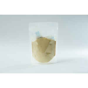 A clear plastic pouch containing light brown Freeze-Dried/ Dehydrated Mushroom Lion's Mane powder with a small silica gel sachet inside.