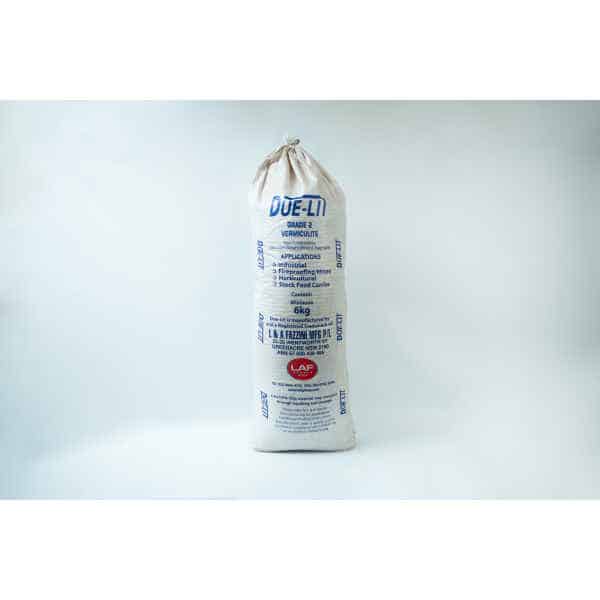 A white bag of DUE-LI fine grade vermiculite, ideal for mycology projects, standing upright on a plain white background.