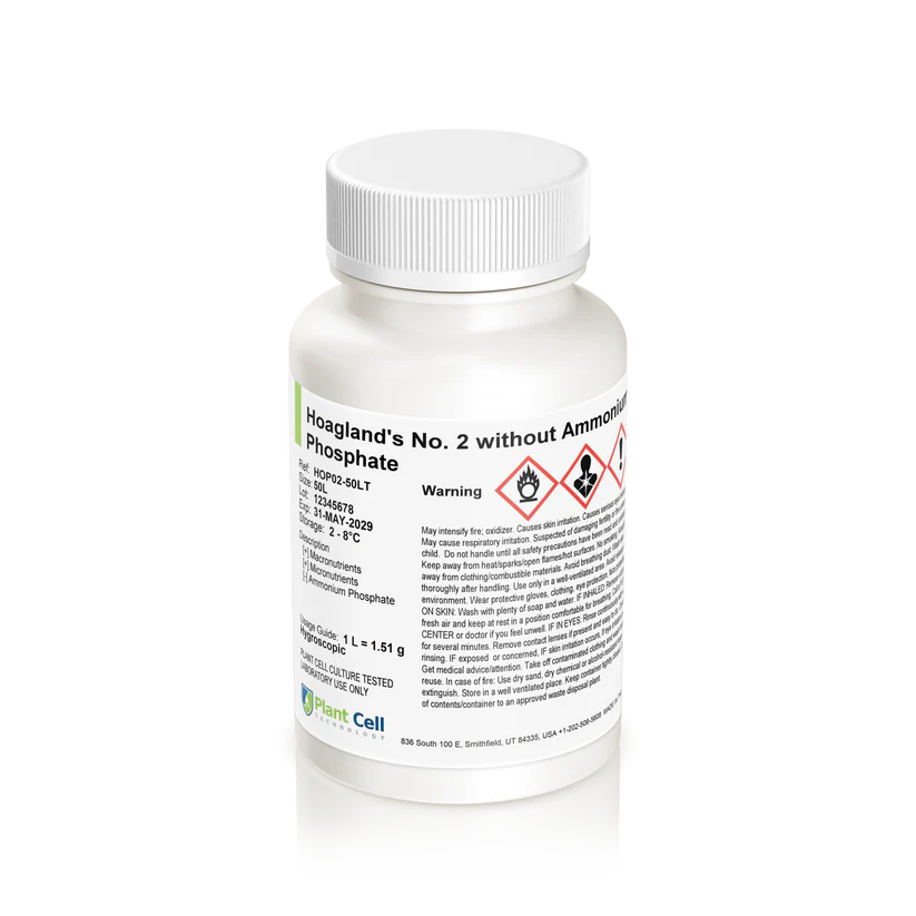 Plant Cell Hoagland's No. 2 Basal Salt Mixture 1 White plastic bottle labelled Plant Cell Hoagland's No. 2 Basal Salt Mixture, with warning symbols—ideal for precise plant cell culture applications.