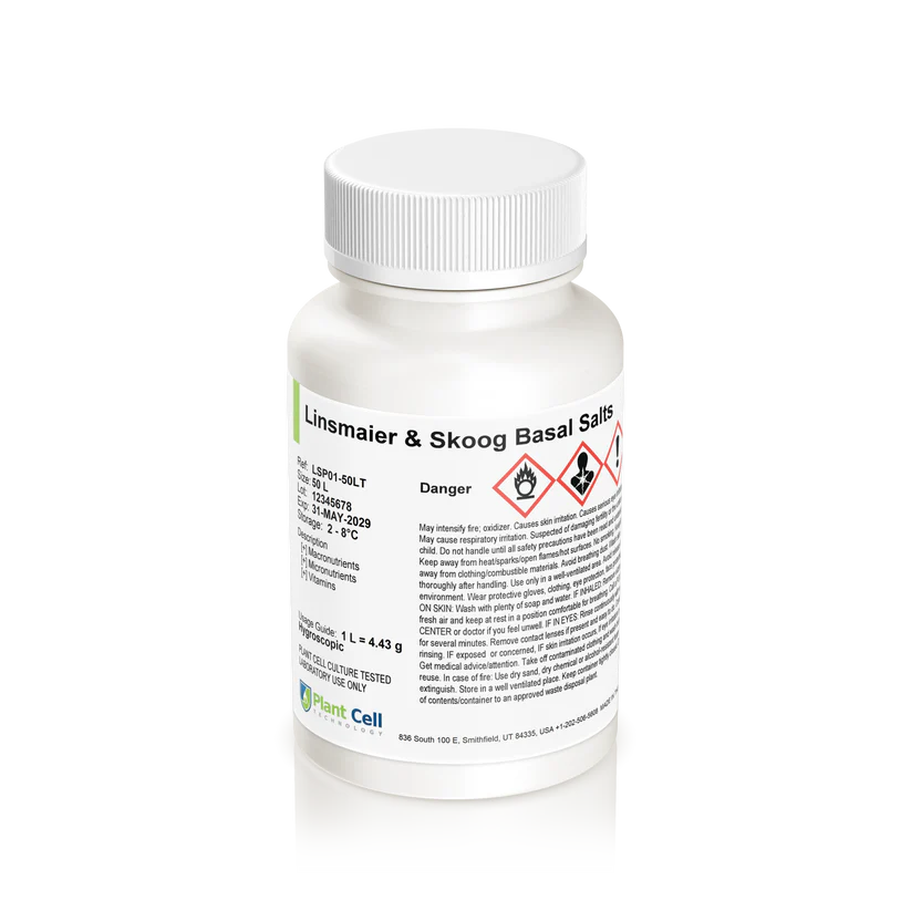 Plant Cell Linsmaier & Skoog (LS) Basal Salts 1 A white bottle labelled “Plant Cell Linsmaier & Skoog (LS) Basal Salts” displays hazard symbols and safety information, making it ideal for plant cell culture applications.