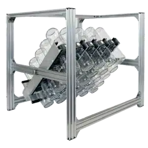 Sturdy metal frame for Plant Cell BioTilt™ 25 holds multiple glass bottles at an angle, ideal for lab or industrial use in plant cell research.