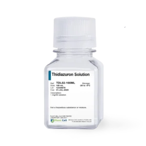 A 100 ml clear plastic bottle labelled Plant Cell Thidiazuron Solution (TDZ) with storage and safety info on the front.