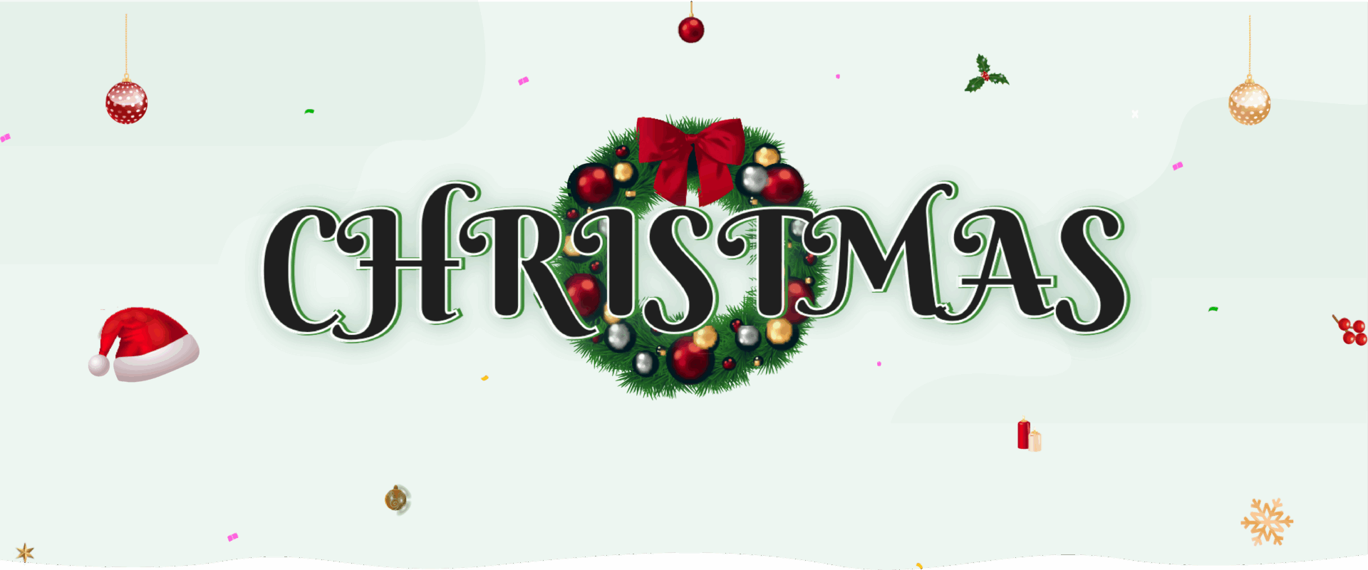Christmas text with a wreath as the letter O, baubles, a Father Christmas hat, and festive decorations.