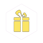 A yellow gift box with a bow on top, outlined in black, inside a hexagonal border—perfect for presenting premium mushroom supplies or as a special touch for Mushroom Supplies Australia.