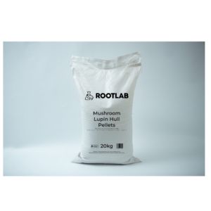 Canberra 4 A 20kg white bag labelled Rootlab Lupin Hull Pellets 100% Non-GM Australian Grown stands on a plain light background.
