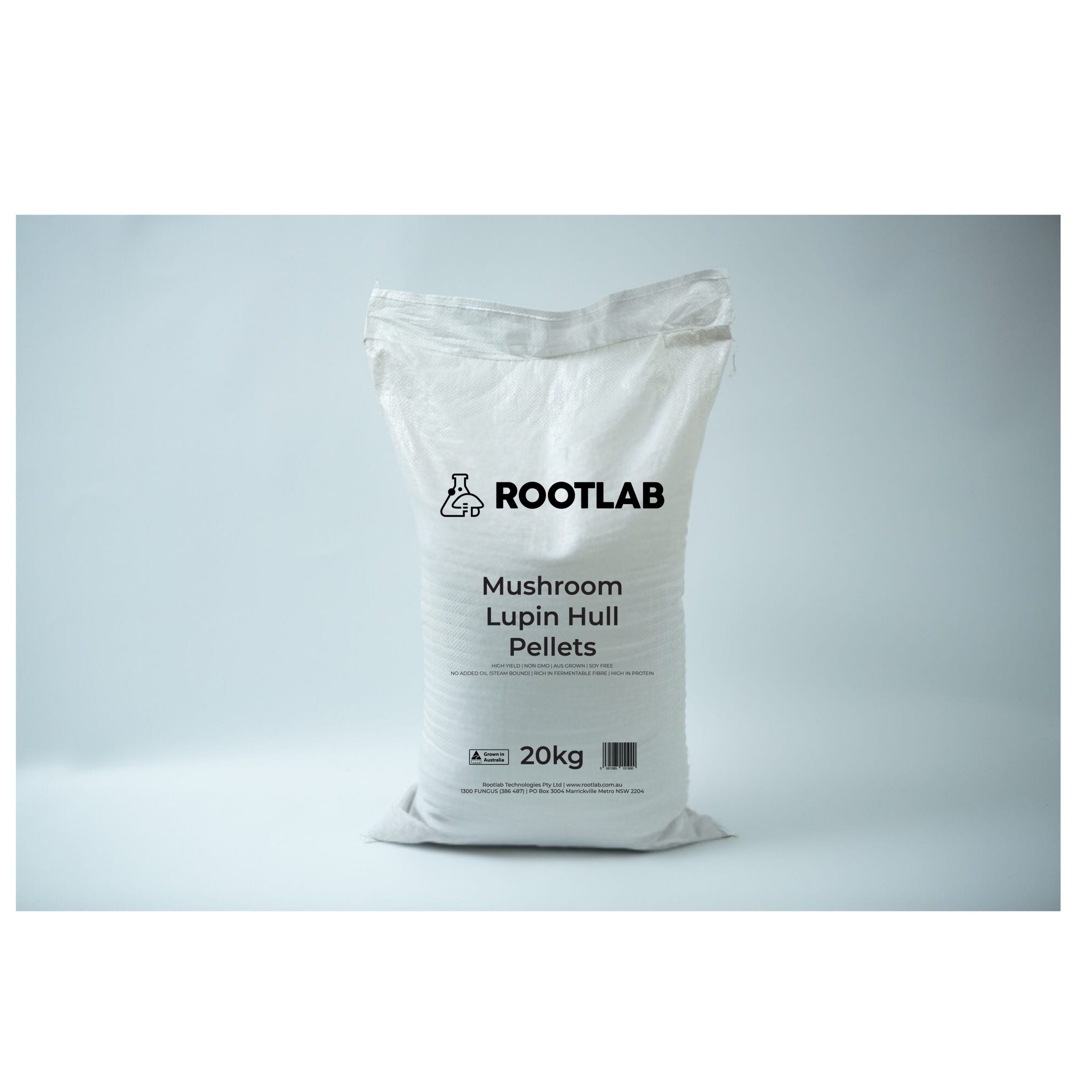 Lupin Hull Pellets 100% Non-GMO 20KG Australian Grown | Rootlab 1 A 20kg white bag labelled Rootlab Lupin Hull Pellets 100% Non-GM Australian Grown stands on a plain light background.