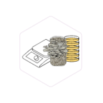 Illustration of mushrooms growing on a substrate, with a scale and stacked yellow coins in the background.
