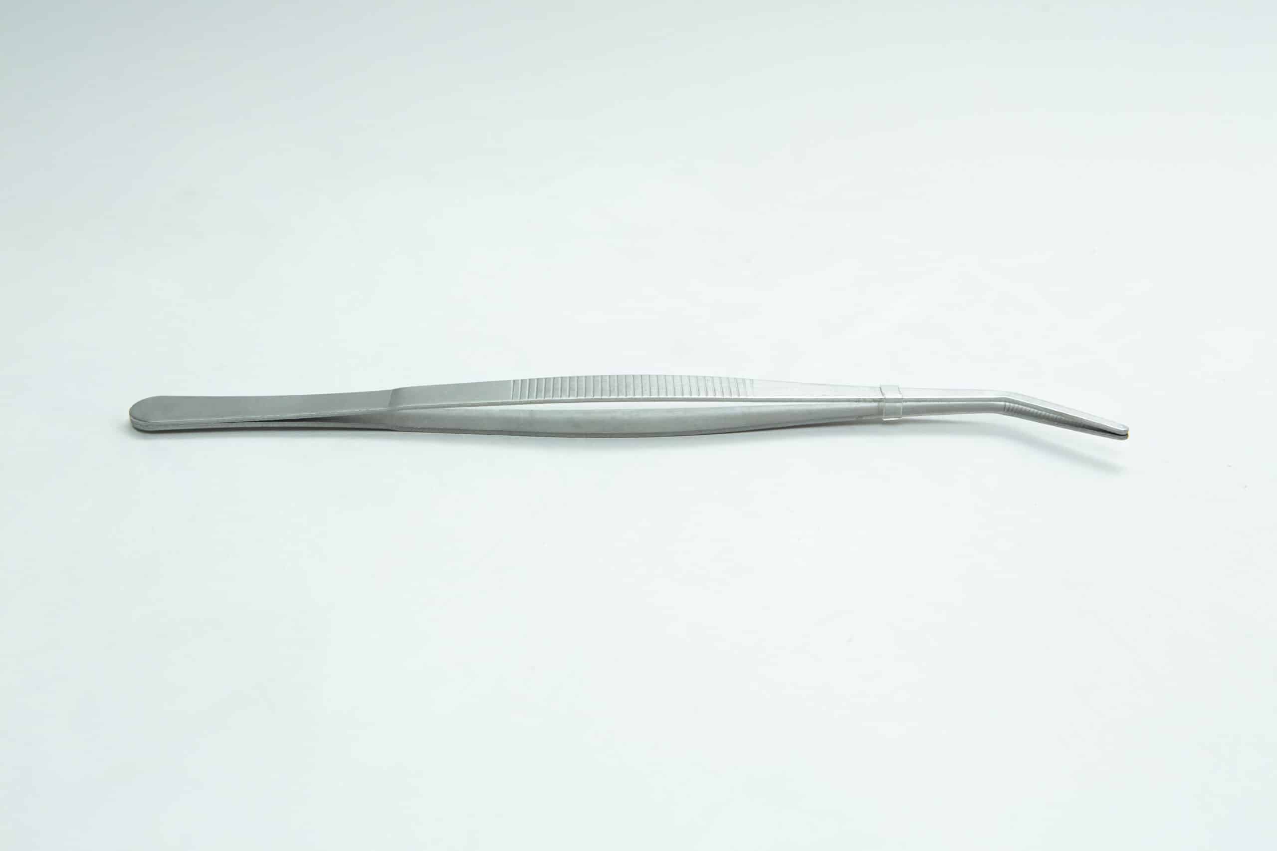 Stainless Steel Plant tissue culture Lab Forceps | Curved & Straight Tips | 25cm 2 A pair of metal tweezers with a bent tip on a plain white background.