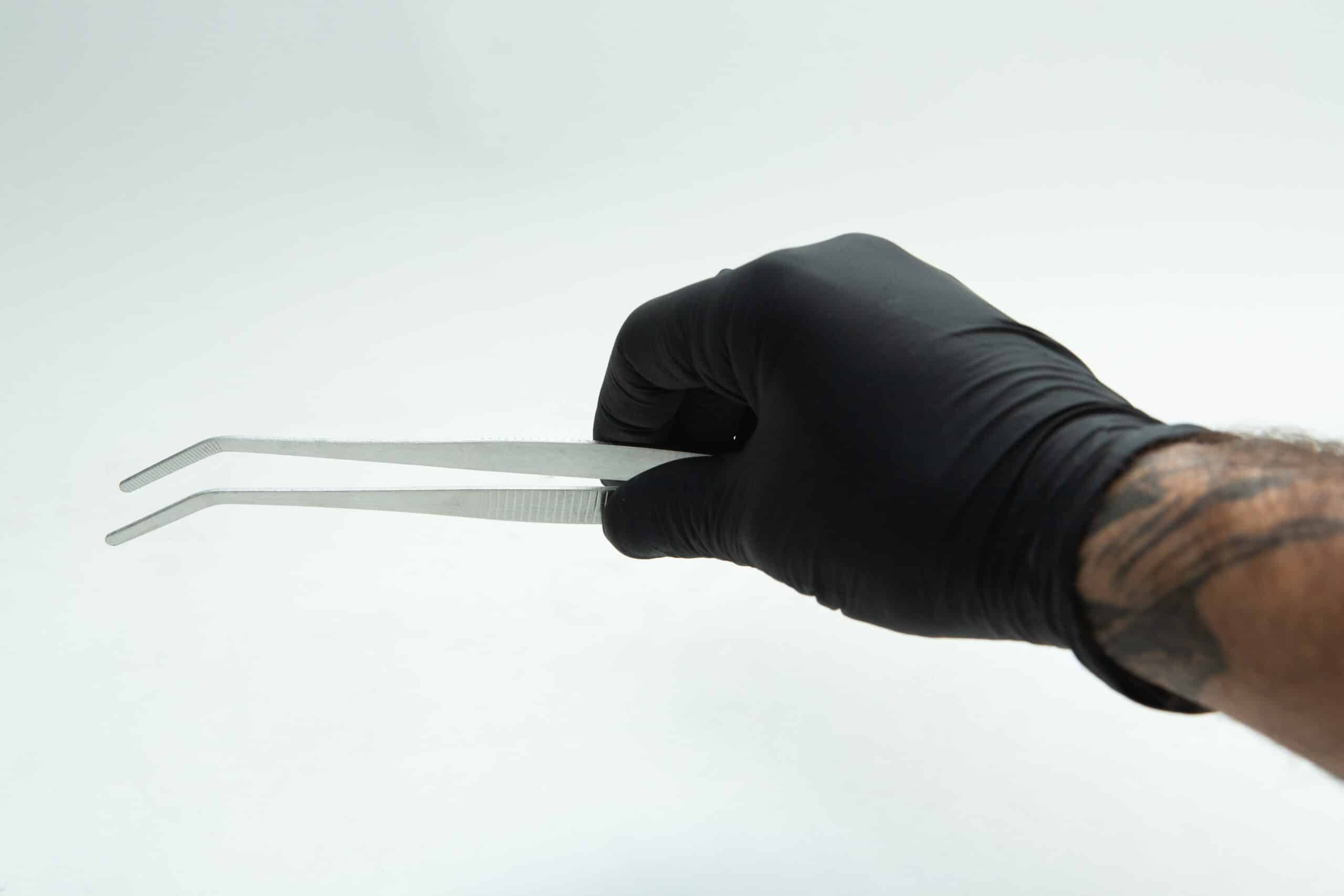 Stainless Steel Plant tissue culture Lab Forceps | Curved & Straight Tips | 25cm 4 A gloved hand holds metal tweezers against a plain white background.