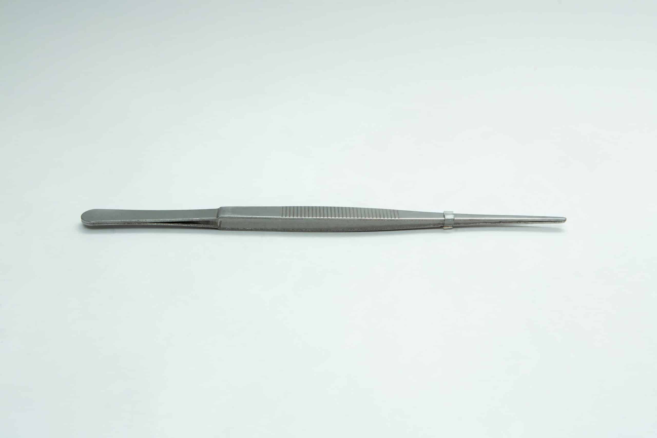 Stainless Steel Plant tissue culture Lab Forceps | Curved & Straight Tips | 25cm 6 A single metal pair of tweezers lies flat on a plain white surface.