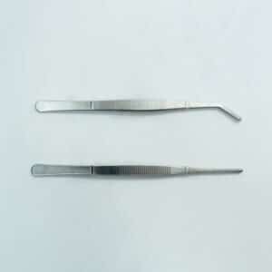 Two stainless steel Plant Tissue Culture Lab Forceps, one with a straight tip and one with a curved tip (15 cm each), are shown on a plain light background. These forceps are ideal for precise handling in various laboratory applications.