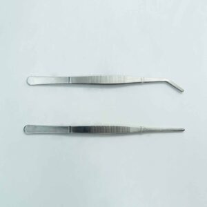 Two stainless steel Plant Tissue Culture Lab Forceps, one with a straight tip and one with a curved tip (15 cm each), are shown on a plain light background. These forceps are ideal for precise handling in various laboratory applications.