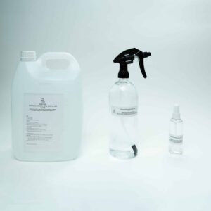 Three clear bottles of varying sizes with white labels, containing Hypochlorous Acid (HOCL) | PPM 40 for cleaning, displayed on a plain white background.