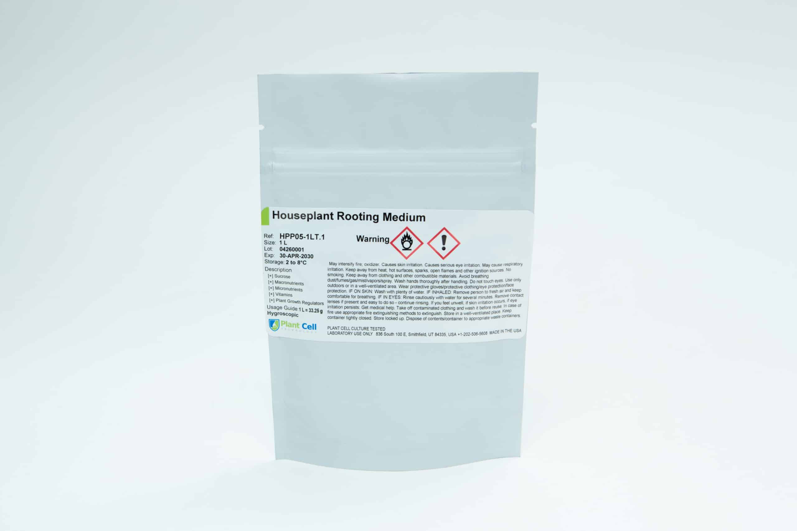 Plant Cell Multiplication and Rooting Medium 2 A white pouch labelled Houseplant Rooting Medium with warning symbols and detailed instructions.