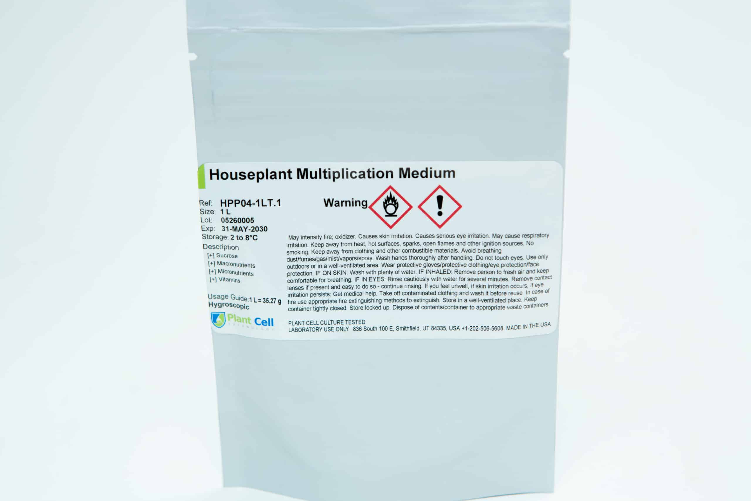 Plant Cell Multiplication and Rooting Medium 5 White pouch labelled Houseplant Multiplication Medium with warning symbols and detailed instructions.