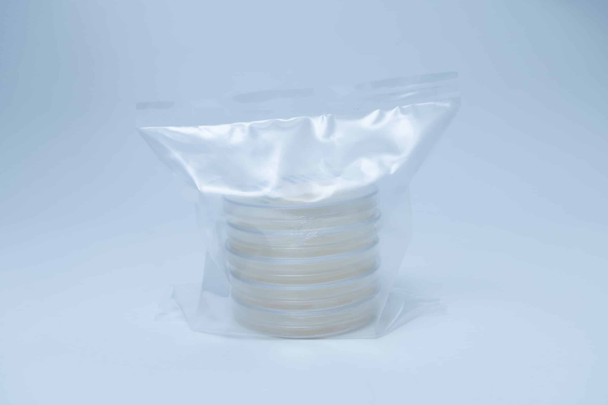 Sterile Water Agar Petri Dishes (WA) 90mm 7 A stack of petri dishes sealed in a transparent plastic bag, set against a plain light background.