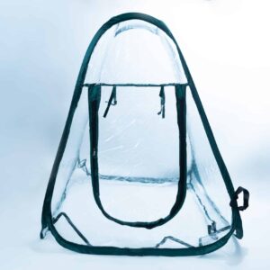 A transparent pop-up tent with a black frame, shown against a plain white background.