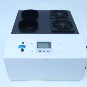White electronic device with two vents, control panel, two fan grilles, and a visible power lead on the right.